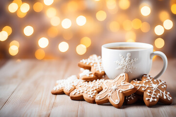  Freshly baked Christmas cookies near black coffee in a mug on a wooden background  - 742899891