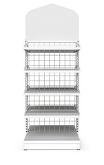 White empty retail shelving made of metal mesh with frame topper for advertising and products. 3d illustration on white background