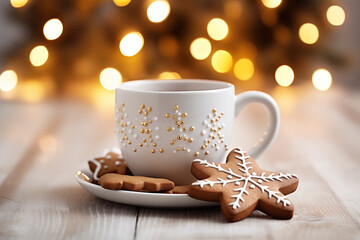  Freshly baked Christmas cookies near black coffee in a mug on a wooden background  - 742900073