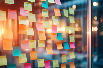 Sticky notes on the glass wall in the office  - 742900228