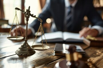 Balanza de justicia en un escritorio de abogado © Pilar