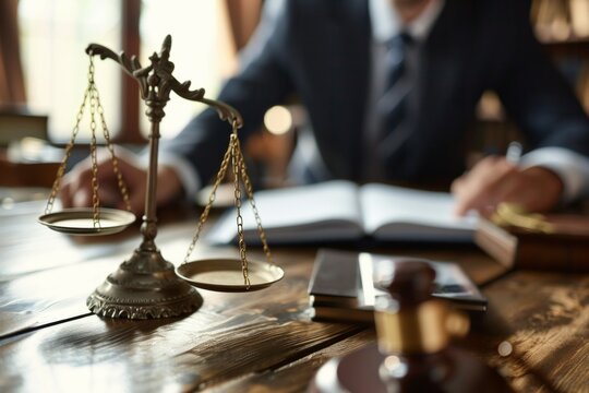Balanza de justicia en un escritorio de abogado