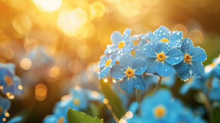 Close-up of forget-me-not with dewdrop reflecting sunbeam, space for custom text