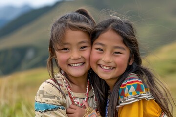 heartwarming scene of pure joy, two young girls smile brightly as they embrace each other in a loving hug, their happiness radiating