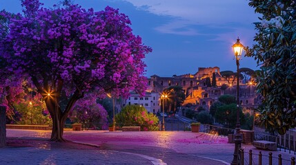 As twilight falls over Park Colle Oppio on The Oppian Hill, Rome, Italy, the soft glow of streetlights illuminates the blooming purple bougainvillea tree, casting a warm