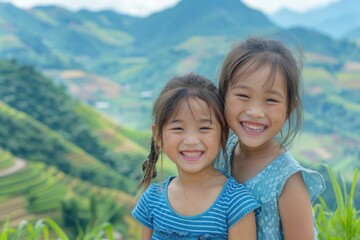 heartwarming scene of pure joy, two young girls smile brightly as they embrace each other in a loving hug, their happiness radiating