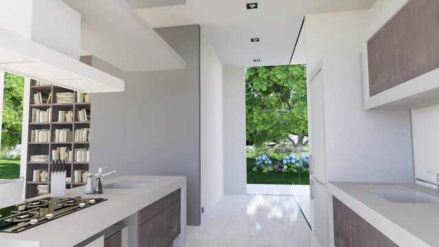 3D animation of a modern upscale interior with open plan kitchen and library