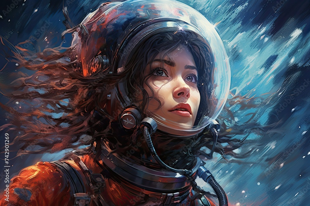 Poster astronaut woman in spacesuit. fantasy art. 3d rendering. female astronaut exploring the deep space. 
