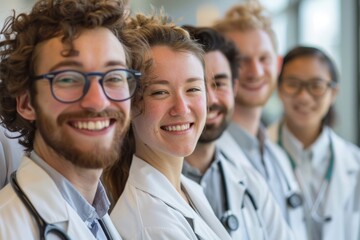 Fototapeta premium hospital setting, a diverse group of doctors and medical professionals stand together, their faces beaming with genuine happiness and camaraderie