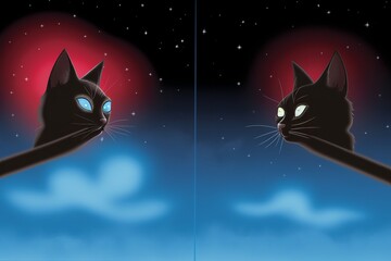 Artistic silhouette of two black cats against red night sky in a vertical background, funny animals