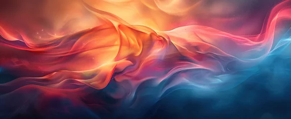 Poster Sunrise over a tranquil lake: An abstract, glowing sky with vibrant waves of color, creating a beautiful fantasy landscape reflecting on the calm surface, perfect for background © Thares2020