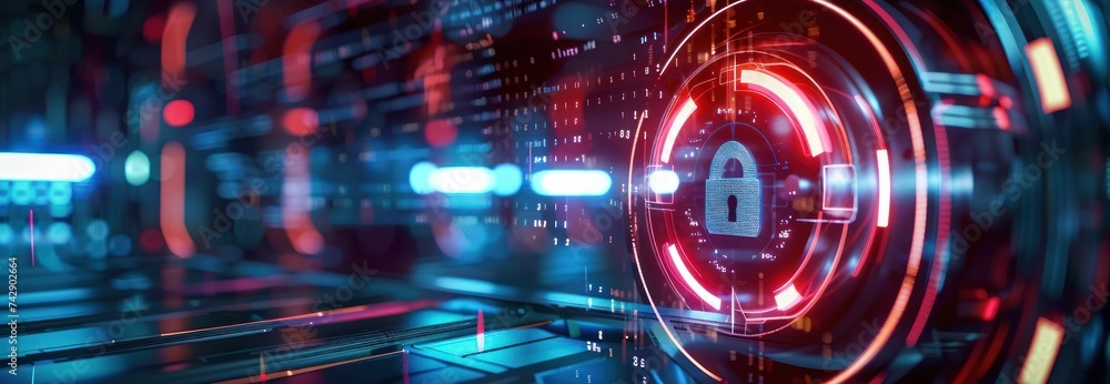 Poster ensuring cyber security: a technology-focused image featuring a digital padlock symbolizing safety a
