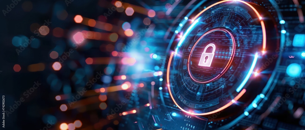 Poster ensuring cyber security: a technology-focused image featuring a digital padlock symbolizing safety a