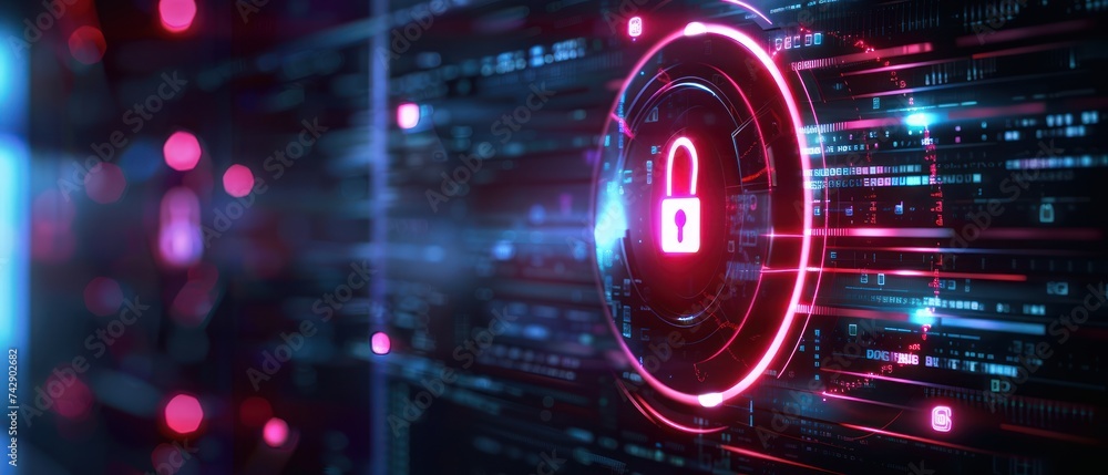 Poster ensuring cyber security: a technology-focused image featuring a digital padlock symbolizing safety a