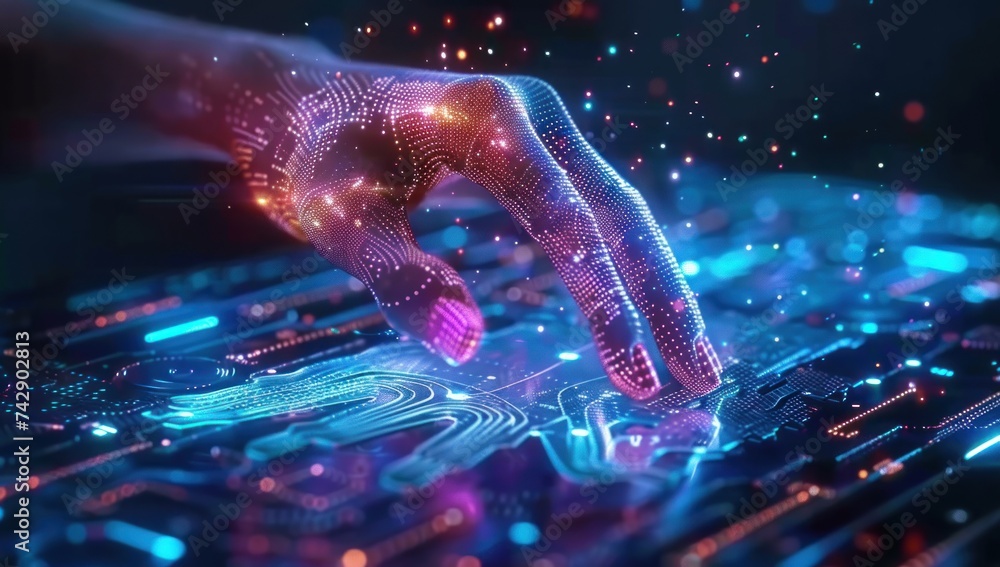 Poster touching the future: a hand interacting with a digital circuit board, symbolizing the convergence of