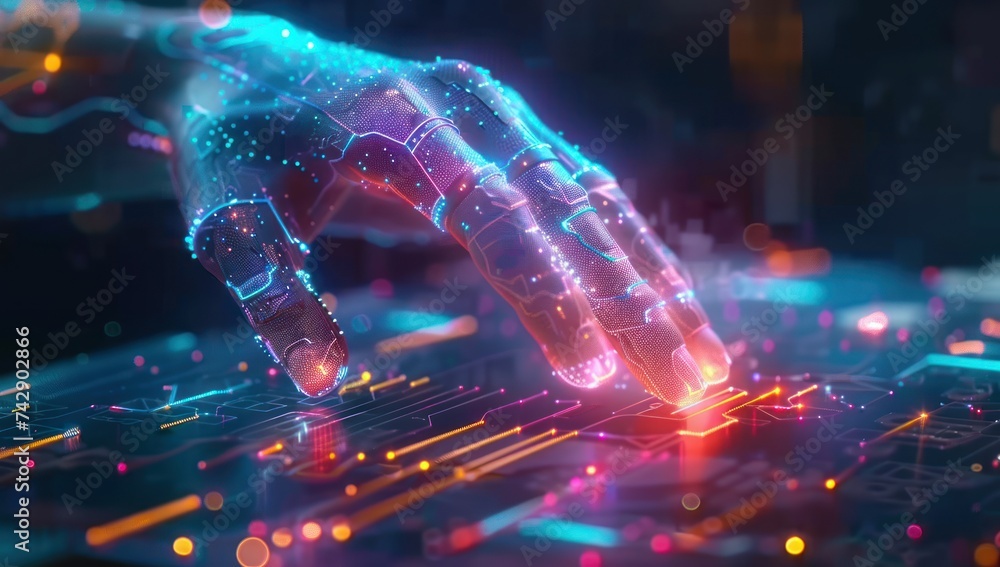 Poster touching the future: a hand interacting with a digital circuit board, symbolizing the convergence of
