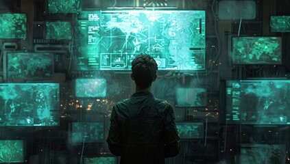 young businessman stands in front of a towering skyscraper, gazing intently at the glowing screen of his device, embodying the essence of modern professional life