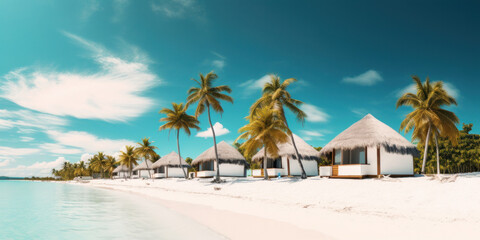 Bungalows of tropical beach with white sand, palm trees and turquoise waters.