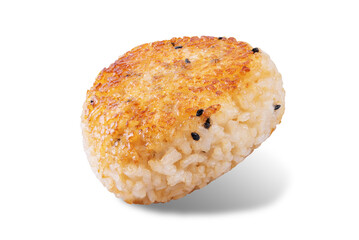 Yaki onigiri, Japanese triangular rice balls stuffed with shrimp on a white isolated background