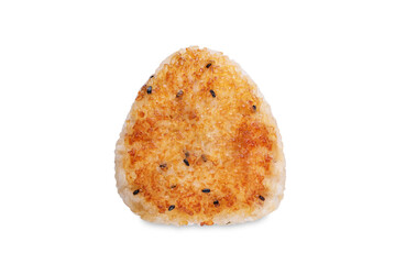 Yaki onigiri, Japanese triangular rice balls stuffed with shrimp on a white isolated background