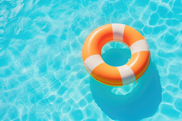 A lot of inflatable rings in the swimming pool sunny day. Summer holiday idyllic. High view from above.