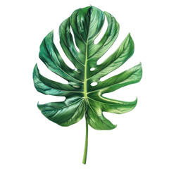 Single leaf of Monstera deliciosa palm plant isolated on transparent png.
