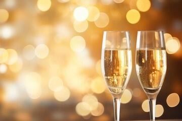  Two elegant champagne glasses filled with sparkling wine, set against a festive golden bokeh light backdrop for celebrations.
