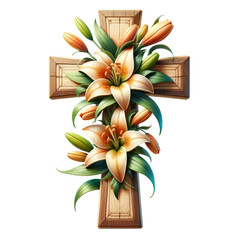 Wood Cross decorated with Easter lilies, Easter Sunday ,3D rendering png , isolated on a transparent background	