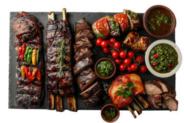 top view of an Argentinian asado, featuring assorted grilled meats such as beef ribs, chorizo, and morcilla (blood sausage), served with chimichurri sauce and grilled vegetables.