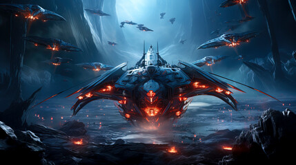 Sleek Blue Spacefighter Soaring Over Alien Terrain created with Generative AI technology