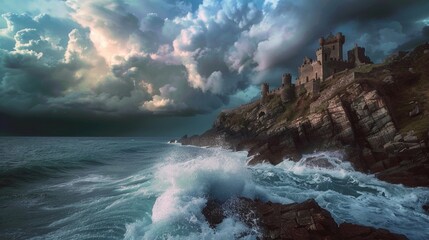 Perched atop a rugged cliff, a formidable castle kingdom overlooks a stormy sea, dark clouds swirling ominously above, crashing waves against the rocky shore below