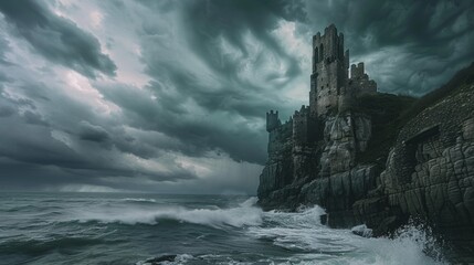 Perched atop a rugged cliff, a formidable castle kingdom overlooks a stormy sea, dark clouds...