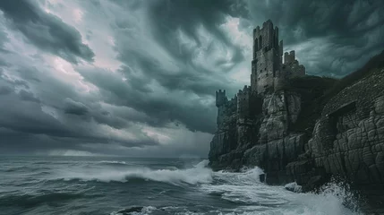 Foto auf Alu-Dibond Perched atop a rugged cliff, a formidable castle kingdom overlooks a stormy sea, dark clouds swirling ominously above, crashing waves against the rocky shore below © usama