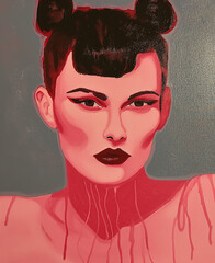 Portrait of a young woman with red lips and black hair.