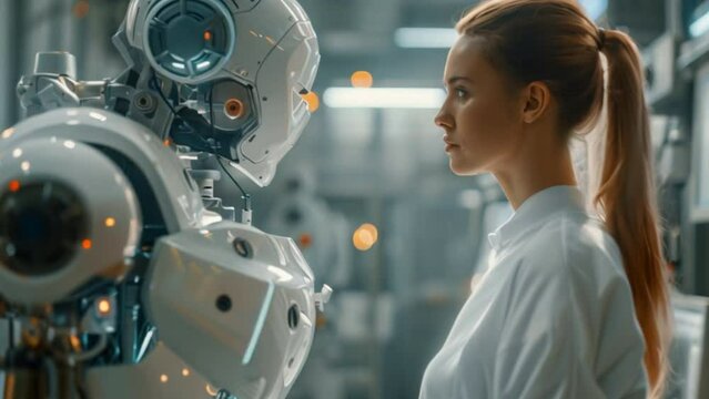 Modern factory. Industry 4.0. The project engineer talks to a female worker controlling a production line in a factory. It uses a computer with an AI display, an assembly process that is improved with