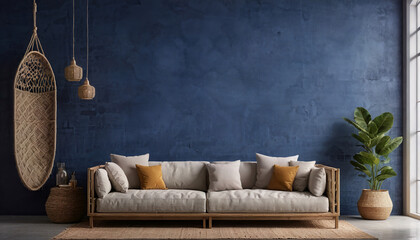 Living room interior Bare Concrete Wall mockup in dark blue tones with beige linen sofa