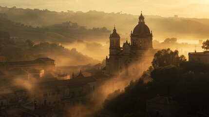 The grand San Giorgio Cathedral in Modica, Ragusa, Sicily, Italy, Europe, enveloped in a thick morning mist - obrazy, fototapety, plakaty
