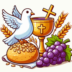 Set of Illustration of a communion depicting traditional Christian symbols including candle light chalice grapes wine ear cross and bread