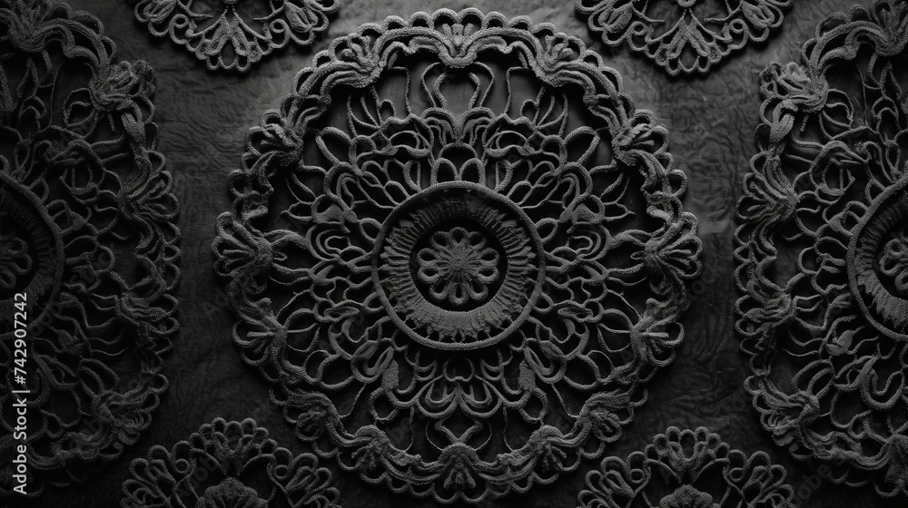 Poster an abstract pattern featuring intricate, delicate designs against a dark background. the texture is 