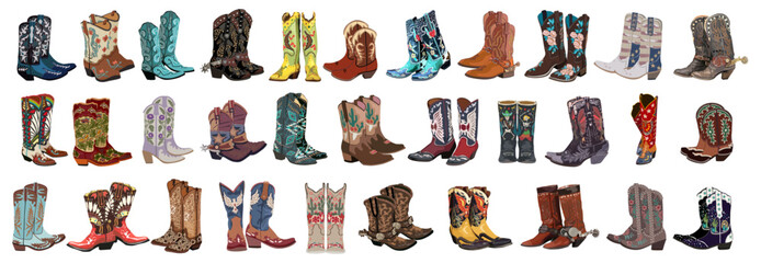 Big collection of different cowgirl boots. Traditional western cowboy boots bundle decorated with embroidered wild west ornament. Realistic vector art illustrations on transparent background. - obrazy, fototapety, plakaty