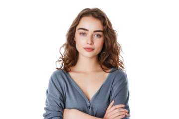 woman with folded arms, suggesting composed confidence and assurance.