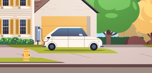 Electric vehicle charging near garage. Green technologies at home flat vector illustration