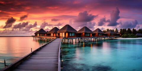 Maldives at a resort on the island at sunset.