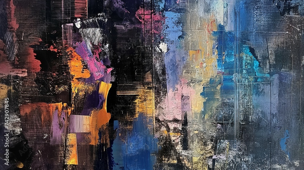 Poster an abstract painting with metallic colors and architectural form elements combined into an abstract 