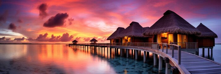 Maldives at a resort on the island at sunset. - obrazy, fototapety, plakaty