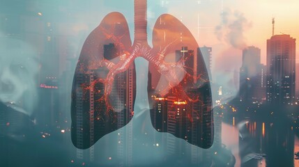Artificial intelligence analyzes human lungs with a transparent overlay on a cityscape, symbolizing the impact of urban environment on respiratory health. - obrazy, fototapety, plakaty