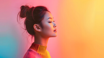 Inspirational colorful background for the Women's Day social media campaign. Side view of an Asian woman on vibrant abstract gradient colorful background with copy-space for text.
