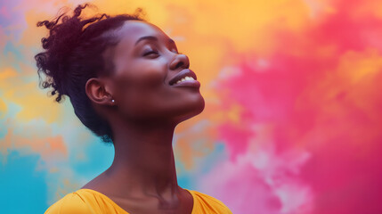 Inspirational colorful background for the Women's Day social media campaign. Side view of a black woman on vibrant abstract gradient colorful smoke background with copy-space for text. - obrazy, fototapety, plakaty