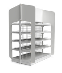 White empty retail double-sided shelving made of metal mesh with frame topper and stoppers for advertising and products. 3d illustration on white background