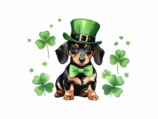 Happy Saint Patrick's Day. Cute Dachshund dog in green hat and bow tie with clover leaves isolated on white background. Watercolor illustration for design, greeting card, template, wallpaper